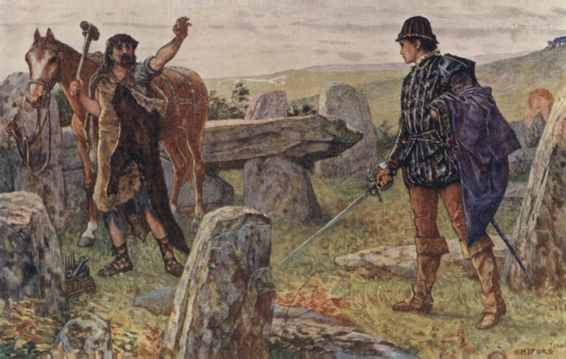 Tressilian startet opp med sverdet i hånden, løp rundt krattskogen og konfronterte en mann i et hovslagerforkle i lær av Henry Justice Ford