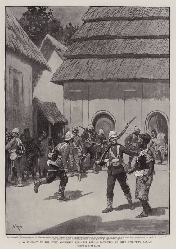 Et kompani fra West Yorkshire Regiment som tar kong Prempehs palass i besittelse av Henry Marriott Paget