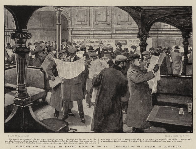 Americans and the War, røykesalongen til SS Campania ved hennes ankomst til Queenstown av Henry Marriott Paget