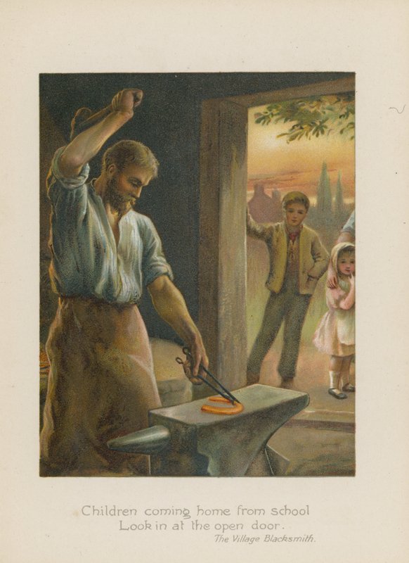 Barn som kommer hjem fra skolen ser inn på den åpne døren (chromolitho) av Henry Marriott Paget