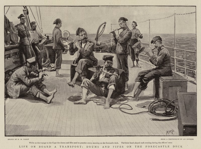 Livet om bord på en transport, trommer og fifes på forecastle-dekket av Henry Marriott Paget