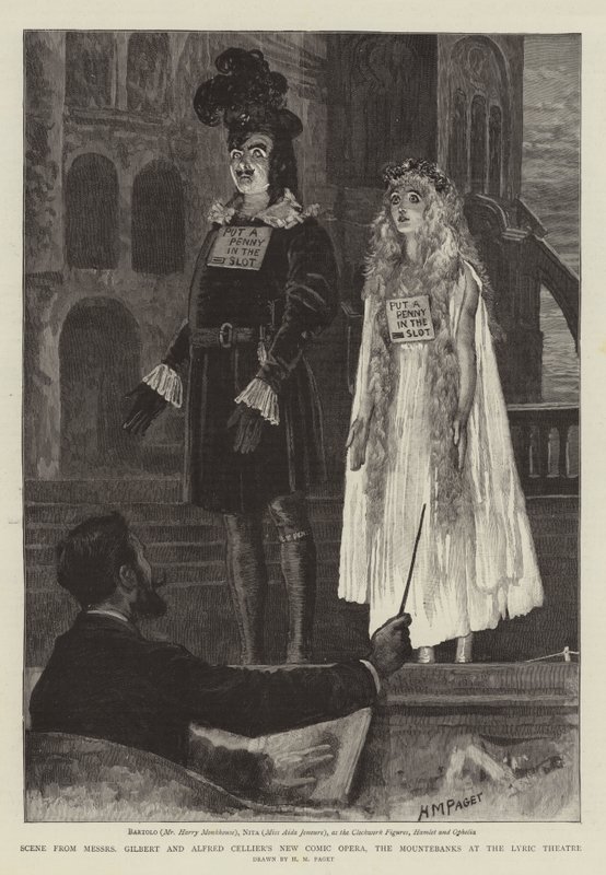 Scene fra Messers Gilbert og Alfred Celliers New Comic Opera, The Mountebanks på Lyric Theatre av Henry Marriott Paget