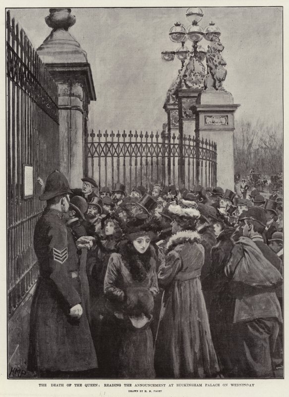 Dronningens død, leser kunngjøringen på Buckingham Palace onsdag av Henry Marriott Paget