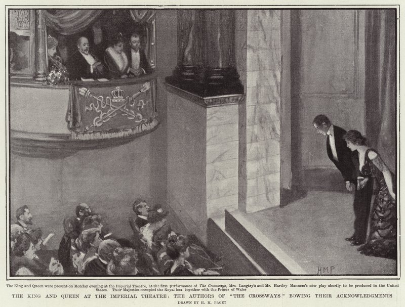Kongen og Dronningen ved Imperial Theatre, forfatterne av The Crossways bøyer sine anerkjennelser av Henry Marriott Paget