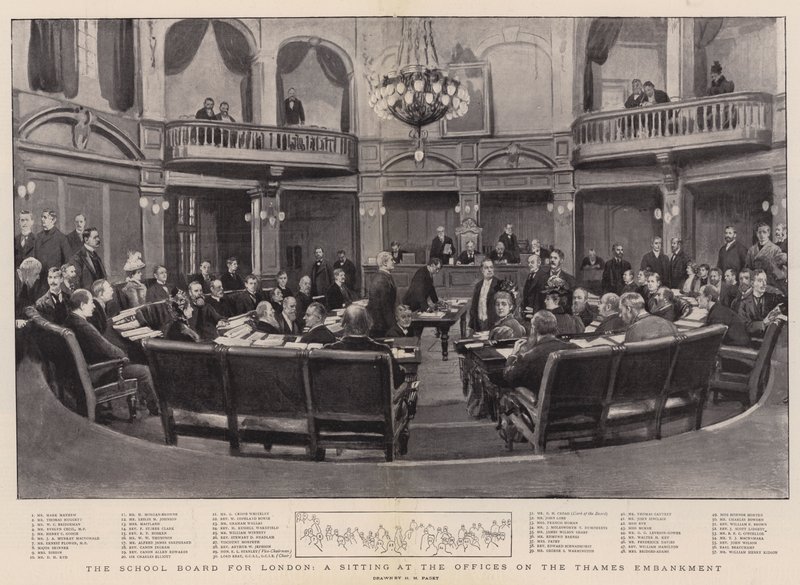 Skolestyret for London, sittende ved kontorene på Themsen Embankment av Henry Marriott Paget