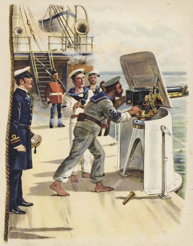 Kanonøvelse under marinemanøvrene, 1891 (chromolitho) av Henry Payne