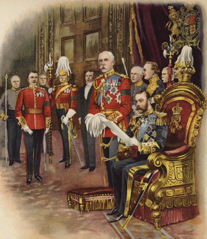 Kong George V holder sitt første hoff, mai 1910 (chromolitho) av Henry Payne