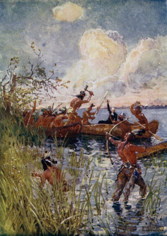 Iroquois angriper den franske misjonæren Isaac Jogues og kristne konvertitter, 1642 av Henry Sandham