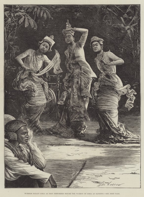 Burmese Ballet Girls da de opptrådte foran visekongen i India på Rangoon av Henry Stephen Ludlow