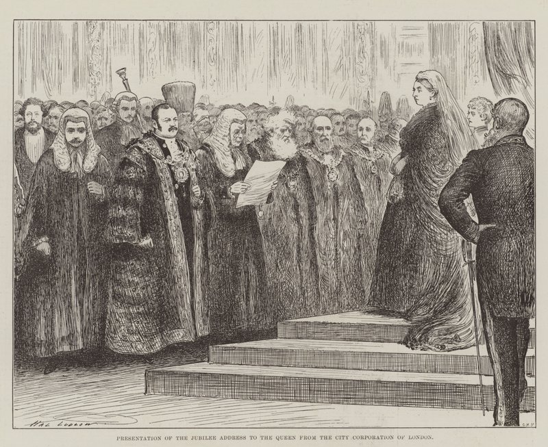 Presentasjon av jubileumstalen til dronningen fra City Corporation of London av Henry Stephen Ludlow