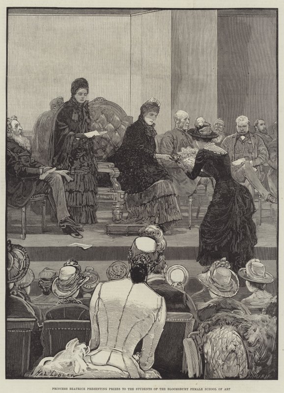 Prinsesse Beatrice deler ut priser til studentene ved Bloomsbury Female School of Art av Henry Stephen Ludlow