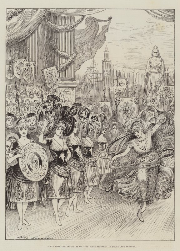 Scene fra Pantomime of The Forty Thieves på Drury-Lane Theatre av Henry Stephen Ludlow