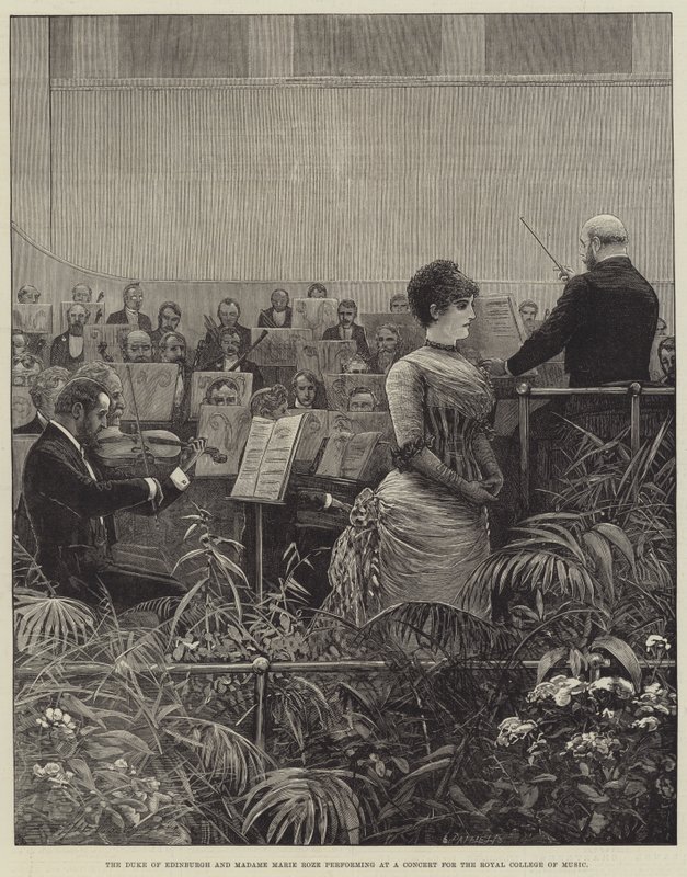 Hertugen av Edinburgh og Madame Marie Roze opptrer på en konsert for Royal College of Music av Henry Stephen Ludlow