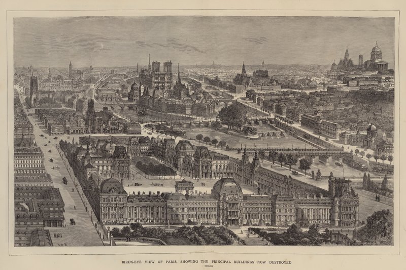 Fugleperspektiv av Paris, som viser hovedbygningene som nå er ødelagt av Henry William Brewer