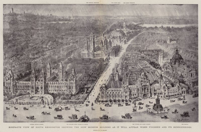 Fugleperspektiv av South Kensington som viser New Museum Building slik den vil se ut når den er ferdig og dens omgivelser av Henry William Brewer