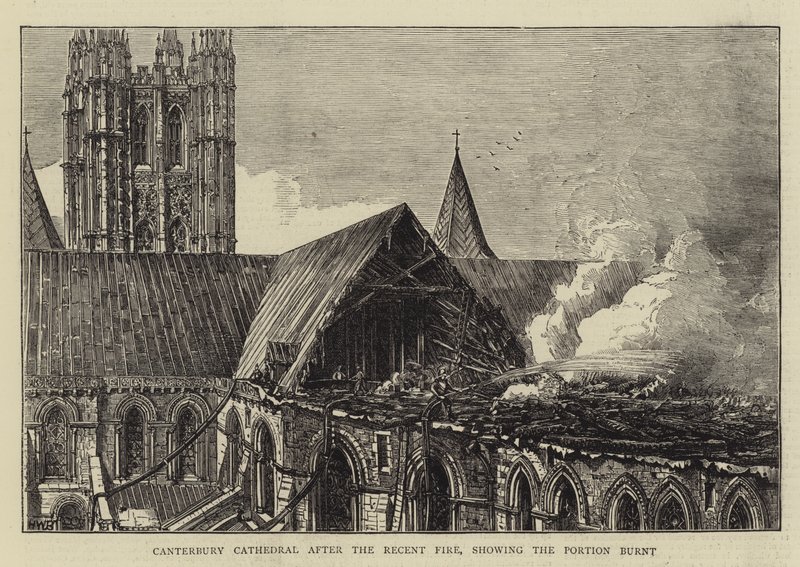 Canterbury-katedralen etter den nylige brannen, som viser delen brent av Henry William Brewer