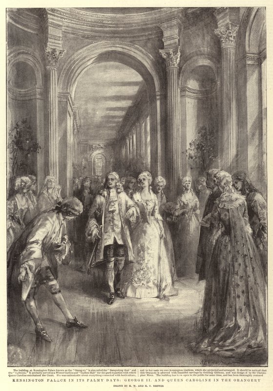 Kensington Palace i sine Palmy Days, George II og dronning Caroline i oransjeriet av Henry William Brewer