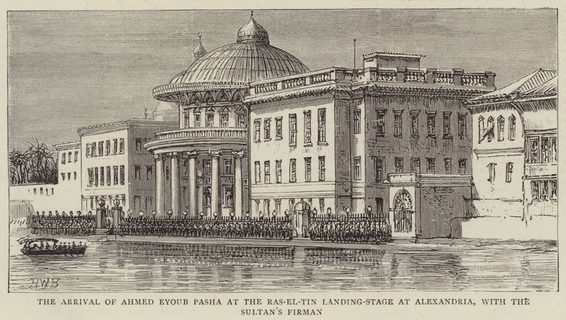 Ankomsten til Ahmed Eyoub Pasha ved Ras-el-Tin landingsscenen i Alexandria, med sultanens firma av Henry William Brewer
