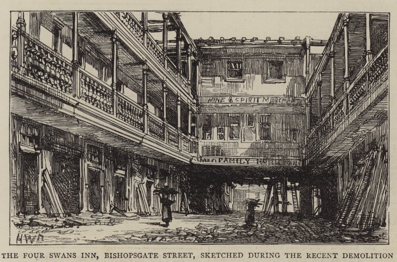 The Four Swans Inn, Bishopsgate Street, skissert under den nylige rivingen av Henry William Brewer