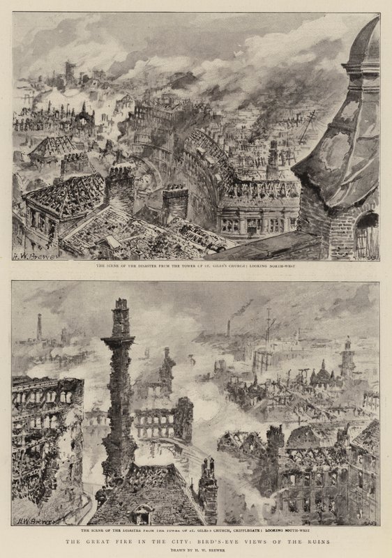 Den store brannen i byen, fugleperspektiv av ruinene av Henry William Brewer