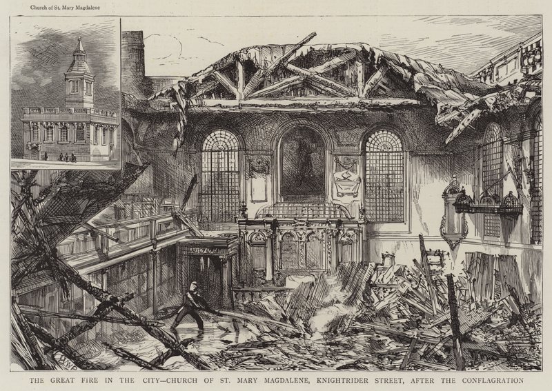 Den store brannen i byen, Church of St Mary Magdalene, Knightrider Street, etter brannen av Henry William Brewer
