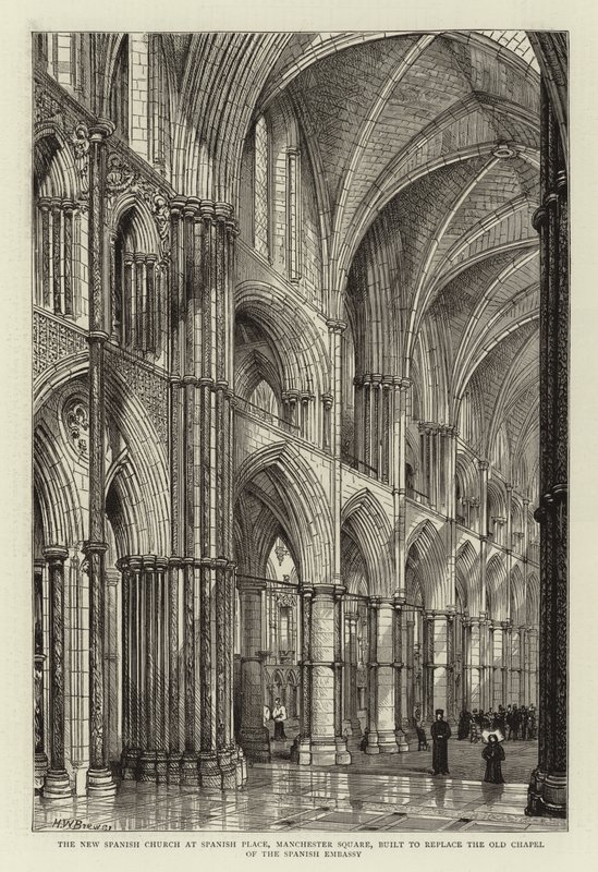Den nye spanske kirken på Spanish Place, Manchester Square, bygget for å erstatte det gamle kapellet til den spanske ambassaden av Henry William Brewer