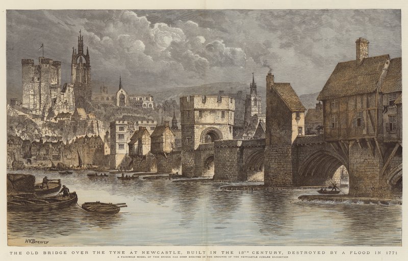 Den gamle broen over Tyne ved Newcastle, bygget på 1200-tallet, ødelagt av en flom i 1771 (fargegravering) av Henry William Brewer