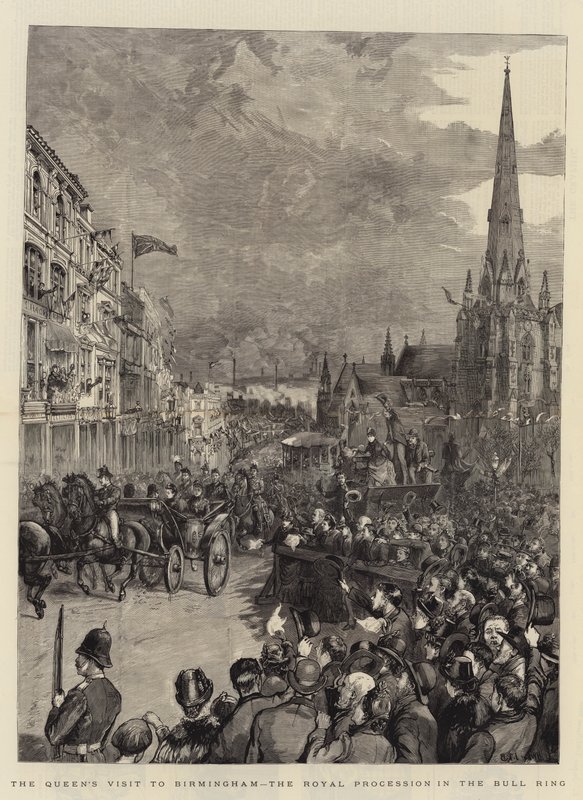 Dronningens besøk til Birmingham, den kongelige prosesjonen i tyrefekterarenaen av Henry William Brewer