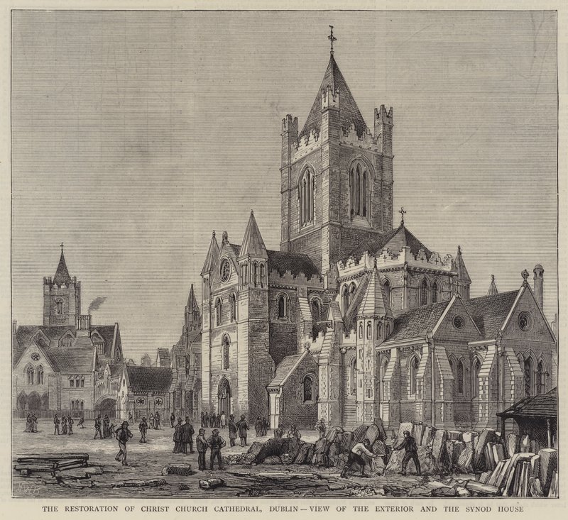 Restaureringen av Christ Church Cathedral, Dublin, utsikt over eksteriøret og synodehuset av Henry William Brewer