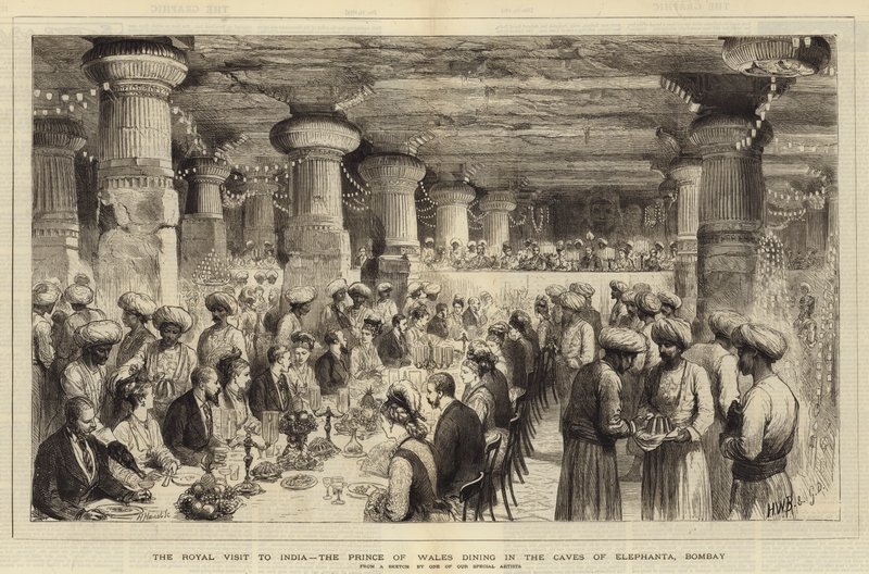 Det kongelige besøket til India, prinsen av Wales som spiser i Caves of Elephanta, Bombay av Henry William Brewer