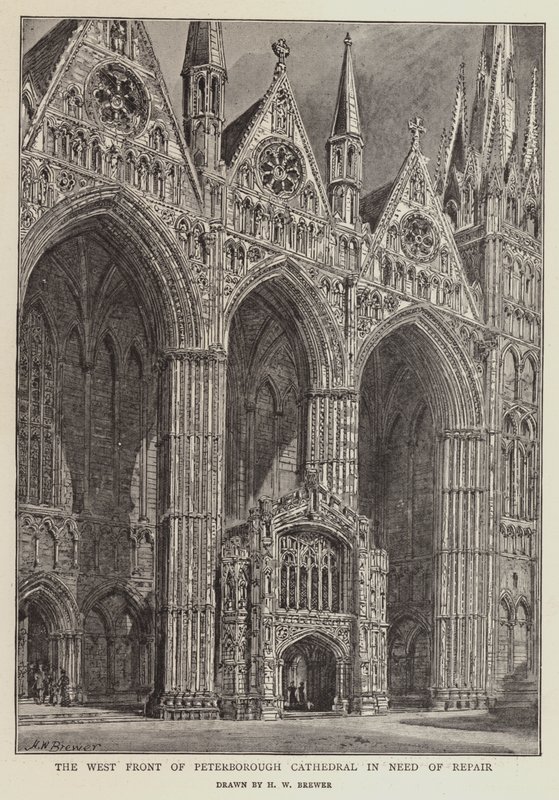 Vestfronten til Peterborough katedral som trenger reparasjon av Henry William Brewer