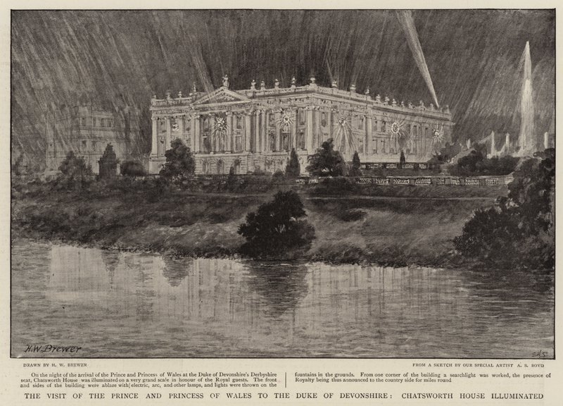Besøket til prinsen og prinsessen av Wales til hertugen av Devonshire, Chatsworth House opplyst av Henry William Brewer
