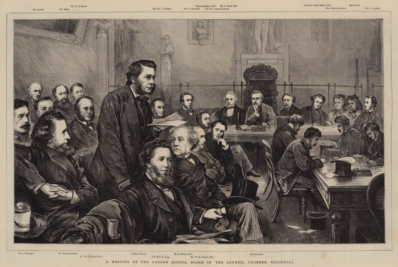 Et møte i London School Board i Council Chamber, Guildhall av Henry Woods