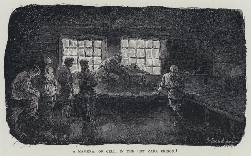 En kamera, eller celle, i Ust Kara-fengselet (litho) av Henry (after) Sandham