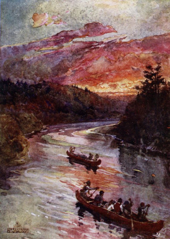 Kanoer på en nordamerikansk elv (farge litho) av Henry (after) Sandham