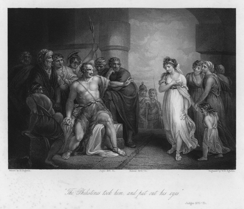 Samson og Delila, dommerne XVI, 21 (gravering) av Henry (after) Singleton