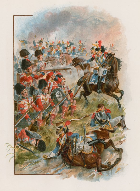 Square of the 42nd Highlanders anklaget av franske cuirassiers ved Quatre Bras, 16. juni 1815 (chromolitho) av Henry A. Payne