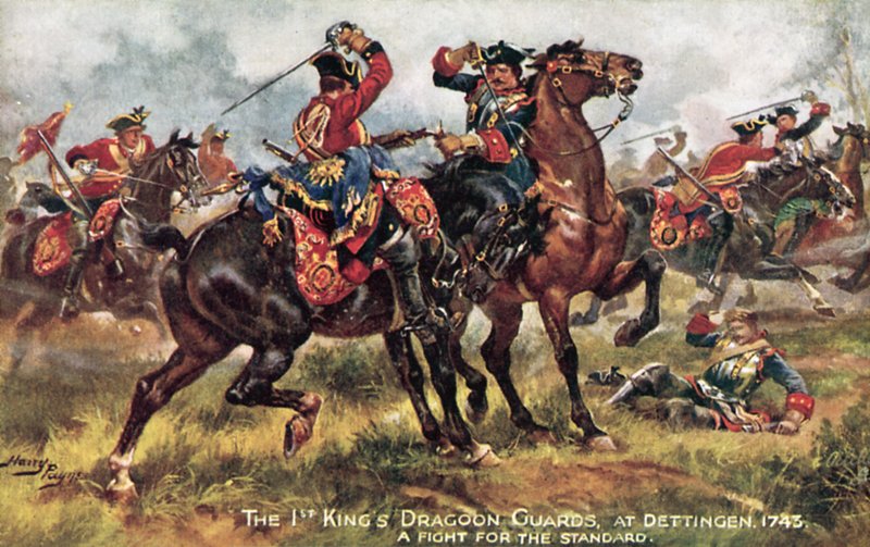 The Kings Horse, nå den første (Kings) Dragoon Guards, slaget ved Dettingen, juni 1743 av Henry A. Payne