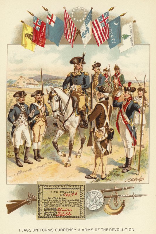 Flagg, uniformer, valuta og revolusjonens våpen (litho-farge) av Henry Alexander (after) Ogden