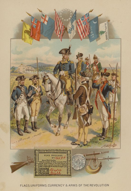 Flags, uniforms, currency and arms of the American Revolution (chromolitho) av Henry Alexander (after) Ogden