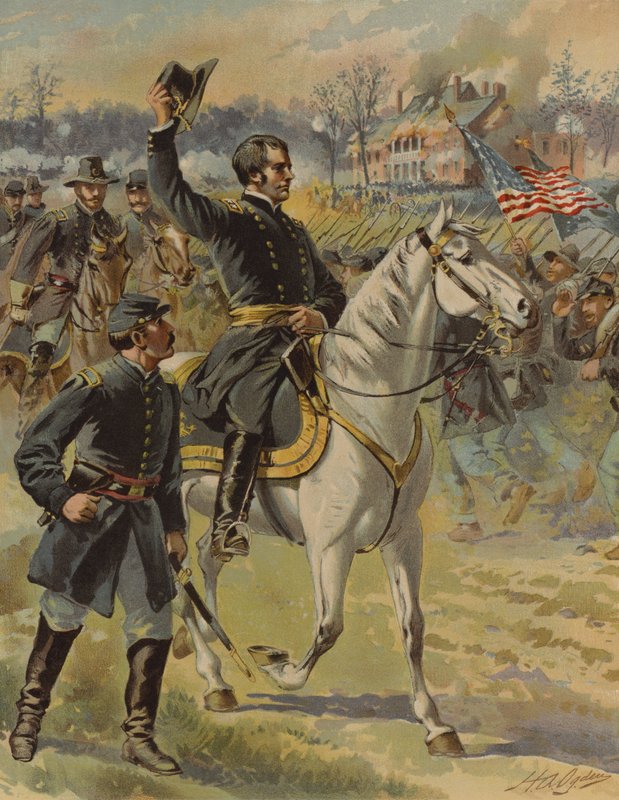 General Hooker i slaget ved Chancellorsville, Virginia, amerikansk borgerkrig, 3. mai 1863 (chromolitho) av Henry Alexander (after) Ogden