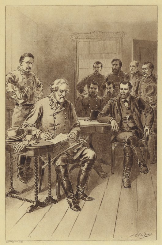 Lees overgivelse til Grant, Appomattox, 9. april 1865 (litho) av Henry Alexander (after) Ogden