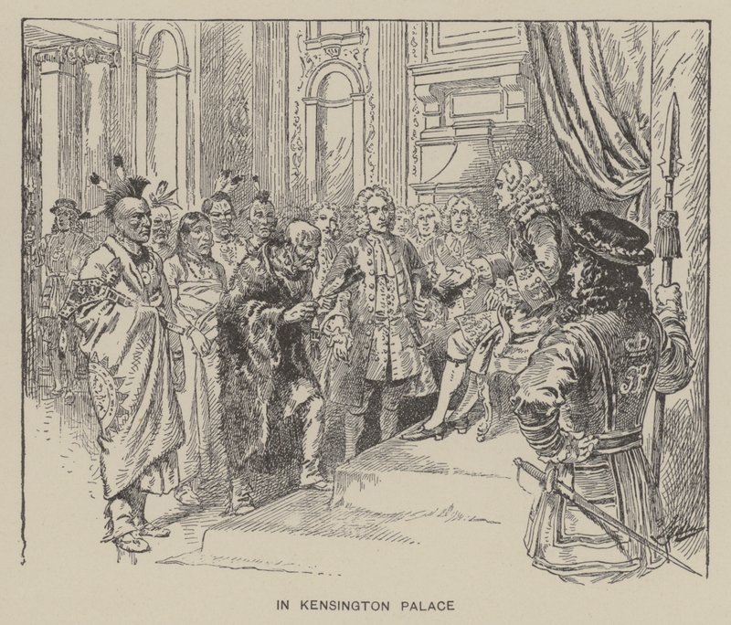 Mottakelse av Creek-indianere av kong George II på Kensington Palace av Henry Alexander (after) Ogden