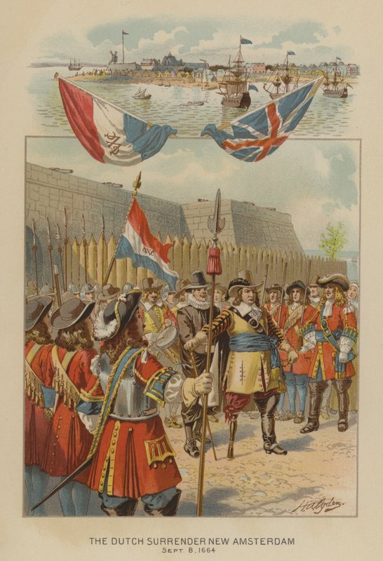 Nederlenderne overgir seg New Amsterdam, 8. september 1664 (chromolitho) av Henry Alexander (after) Ogden