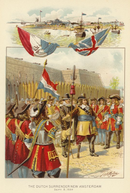 Den nederlandske overgivelse New Amsterdam, 8. september 1664 (farge litho) av Henry Alexander (after) Ogden