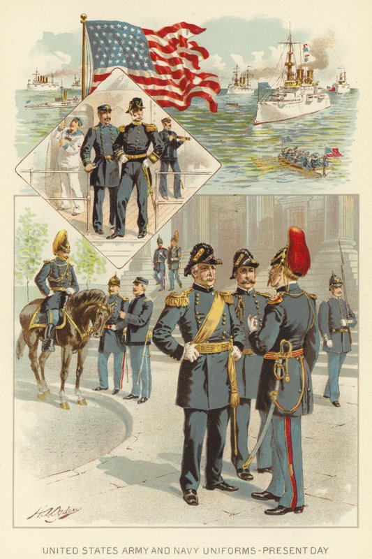 United States Army and Navy Uniforms, Present Day (farge litho) av Henry Alexander (after) Ogden