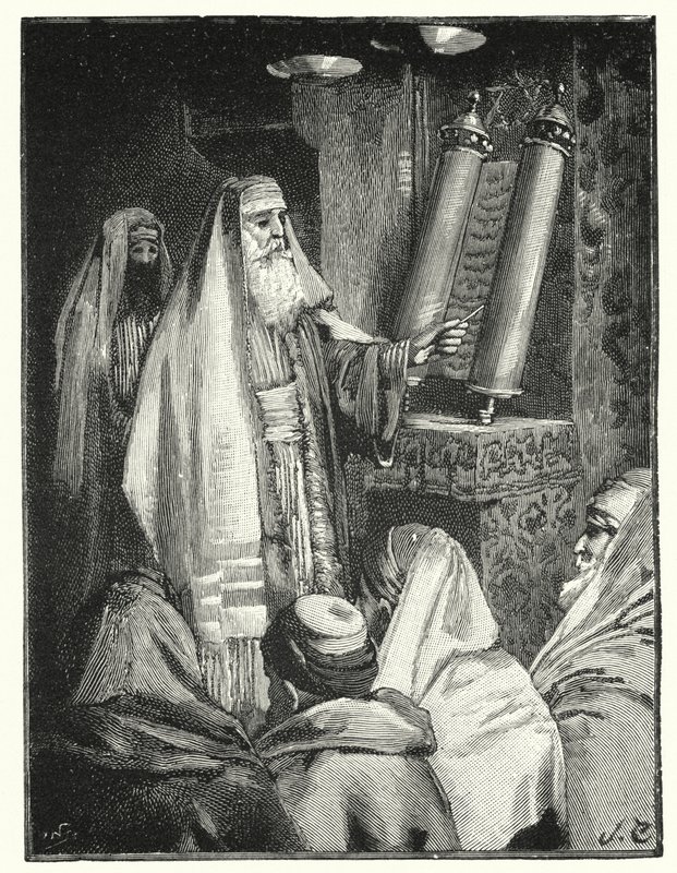 En rabbiner som leser lovens rulle (litho) av Henry Andrew Harper