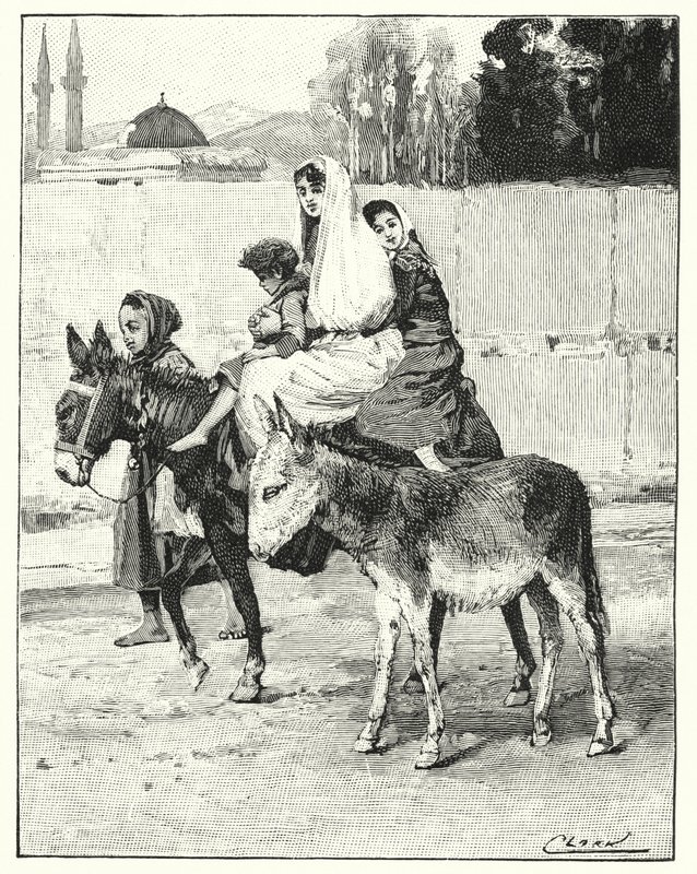Flere personer som rir på et rumpe (litho) av Henry Andrew Harper