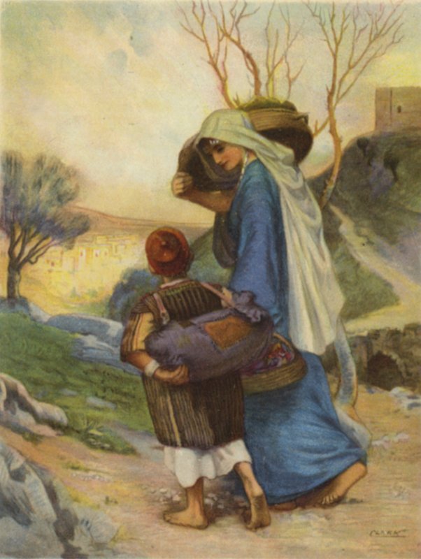 Kvinne i Siloam tar med seg mat hjem (farge litho) av Henry Andrew Harper