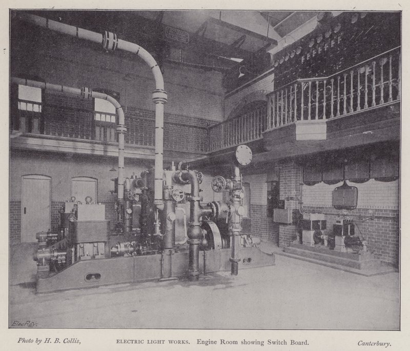 Maskinrom som viser sentralbord, Electric Light Works, Canterbury, Kent (s/h-bilde) av Henry Beauchamp Collis